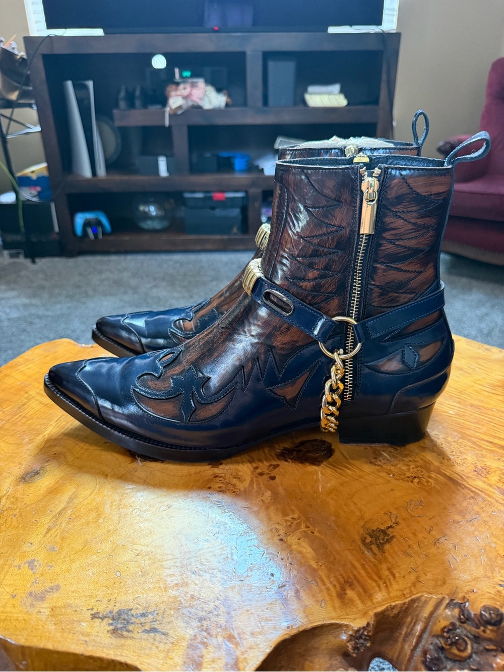 Lethato Men's Navy & Brown Leather Harness Boots w/Gold Chain Size US 13 / UK 12